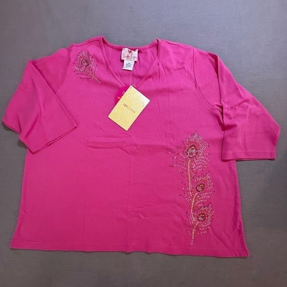 Quaker Factory Pink Embellished Peacock Feather 3/4 Sleeve V-Neck Top Plus 2X